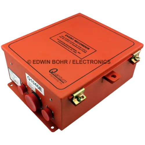 Orange Quantum Engineering event recorder device with connectors and metal latches on a white background.