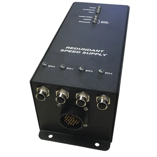 Black redundant speed supply unit with multiple Ethernet ports and indicator LEDs for power and network status.