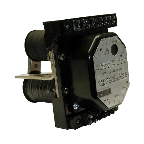 WABCO VE-97 neutral DC relay with black coils and metal mounting bracket isolated on black background