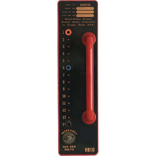 Vintage General Motors Electro-Motive Division VR10 control panel with red handle and voltage adjustment knob