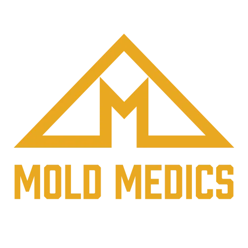 Yellow Mold Medics logo with stylized M inside a triangular shape on black background