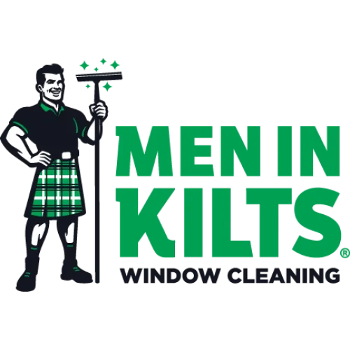 Men in Kilts logo with a man in a green plaid kilt holding a squeegee, representing window cleaning service.
