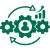Green gears with a user icon and arrows around them illustrating workflow and growth chart rising upward.