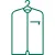 Green outline of a garment bag hanging on a hanger with a front zipper and pocket detail on white background.
