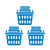 Three blue laundry baskets filled with folded clothes on a white background