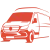 Red stylized illustration of a cargo van viewed from the front and side, showing key vehicle features.