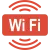 Red WiFi icon with bold white text and curved signal waves above and below the text