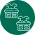 Two white line icons of laundry baskets with clothes on a green circular background.