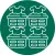 Green circle with four white laundry baskets filled with clothes and shirts on top, symbolizing laundry service or cleanliness.