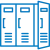 Blue outlined lockers with one locker door open, showing locker handles and vents in a simple design.