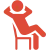 Red icon of a person reclining on a chair with hands behind head and one leg crossed over the other.