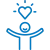 Blue line icon of a joyful person with arms raised and a glowing heart above their head on a white background
