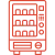 Red outline icon of a vending machine with rows of products and control buttons on the side.