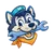 Smiling husky dog mascot wearing a blue cap and orange bandana holding a wrench in its mouth.