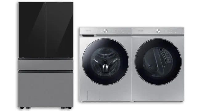 Modern stainless steel front-load washer and dryer with black and gray French door refrigerator.