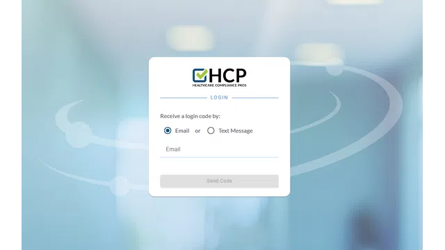 Healthcare Compliance Pros login screen with options to receive code via email or text message