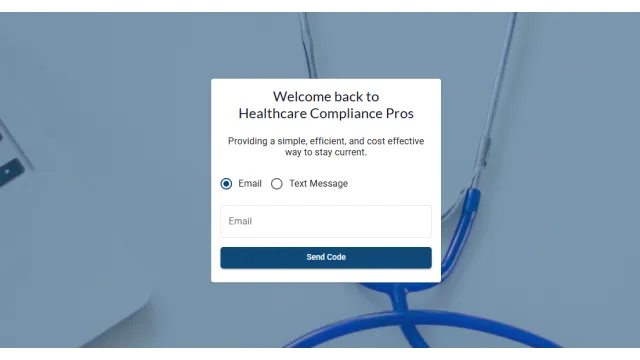 Login interface for Healthcare Compliance Pros with email and text verification options over a stethoscope background.