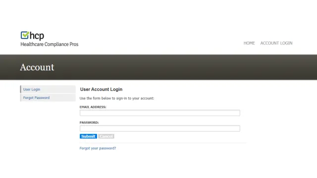 Healthcare Compliance Pros user login page with email and password fields and submit button.