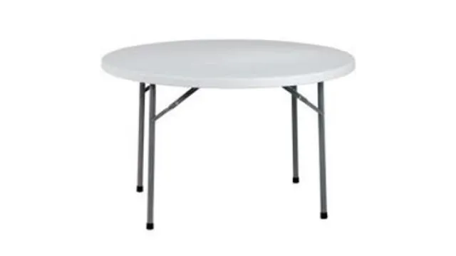 White round folding table with metal legs suitable for indoor and outdoor use