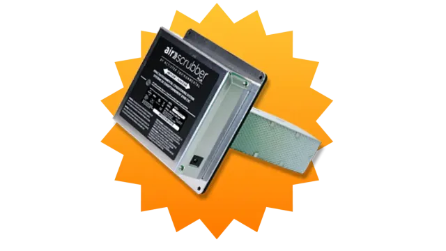 Air Scrubber air purification device with visible filter and control panel on orange starburst background