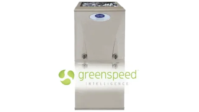 Carrier HVAC unit with Greenspeed Intelligence technology logo displayed in front of silver metal casing