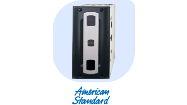 American Standard air conditioner unit with black and white front panel and logo below on light blue background