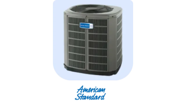 American Standard HVAC outdoor unit with protective grille and top fan on light background.