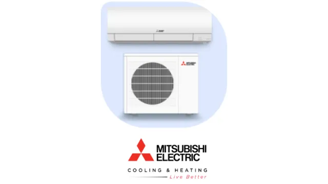 Mitsubishi Electric cooling and heating system with indoor and outdoor units and brand logo.