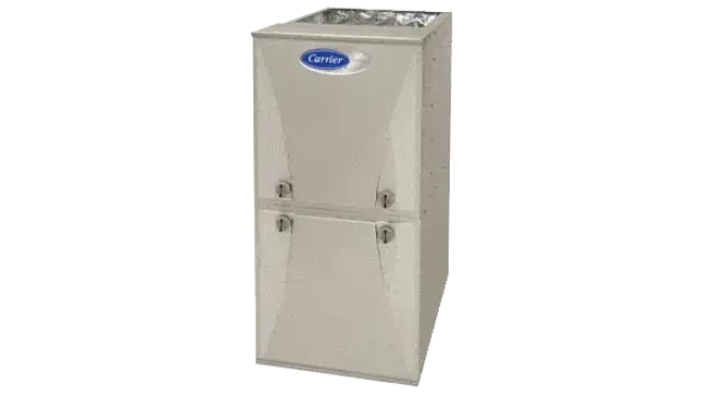 Beige Carrier brand HVAC furnace unit for residential heating and cooling systems.