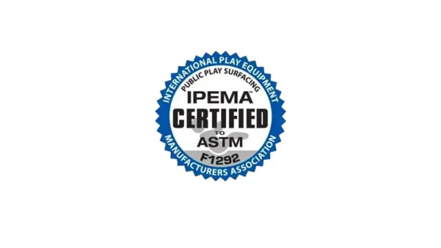 IPEMA Certified seal for public play surfacing meeting ASTM F1292 standards with blue border.