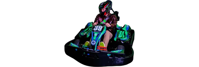 Man wearing helmet and leather jacket driving green and blue go-kart number 39 isolated on black background
