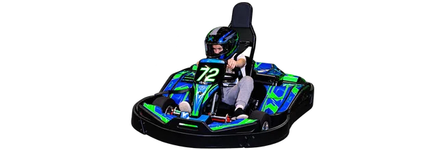 Young person in a blue and green go-kart wearing a matching helmet on transparent background