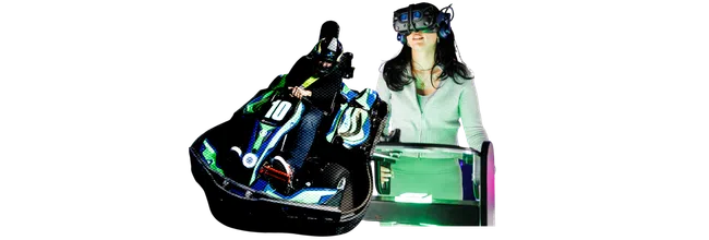 Woman wearing VR headset immersed in virtual go-kart racing experience with vibrant colors and dynamic motion