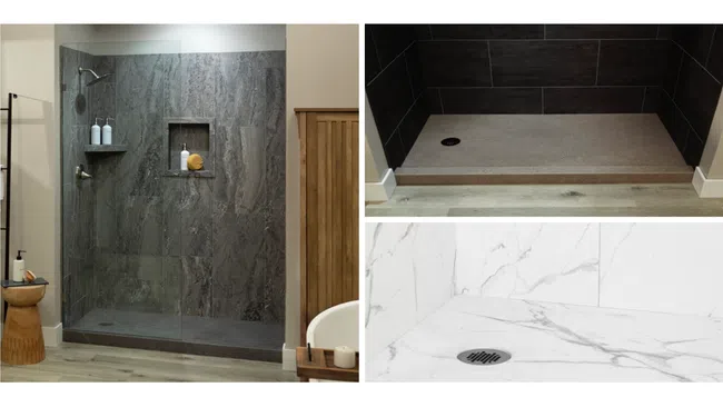 Collage of three modern shower bases with stone, tile, and marble finishes in neutral tones and clean designs.