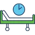 Hospital bed with an adjustable backrest and a clock indicating time above it.