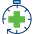 Graphic of a stopwatch with a green medical cross inside and a counterclockwise arrow around its edge.