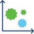 Chart with two green and one blue gear-shaped icons of different sizes on a two-axis graph.