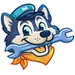 Cartoon husky dog wearing blue cap and orange bandana holding a large wrench in its mouth.