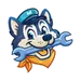 Smiling husky dog mascot wearing a blue cap and orange bandana holding a wrench in its mouth.