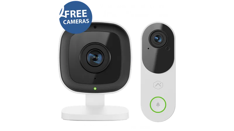 Two modern security cameras for indoor and outdoor use with professional installation offer.