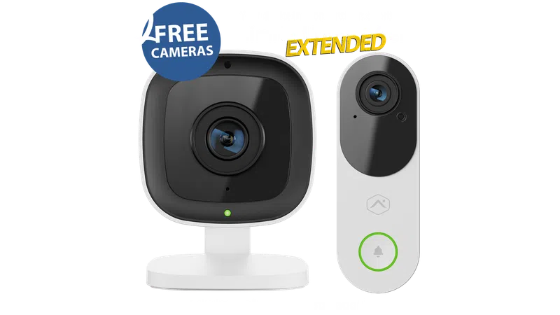 Indoor security camera and doorbell camera with 2 free cameras limited time offer extended with professional installation.