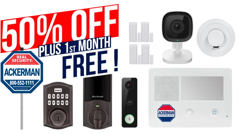 Home security system package with door locks, security camera, smoke detector, and control panel with 50% off and first month free offer.