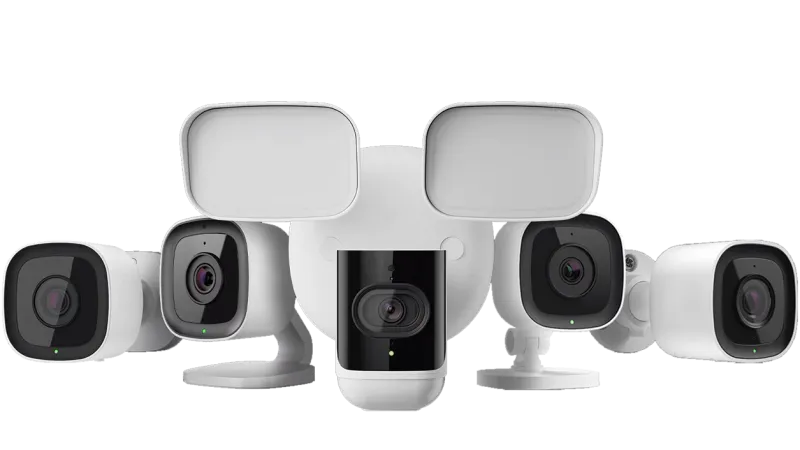 Array of white outdoor security cameras including floodlight and bullet cameras in modern design.