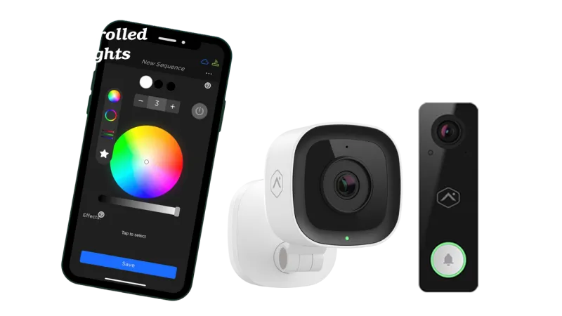Smartphone app controlling house lights with color wheel and two included security cameras shown on white background.