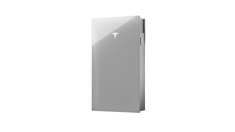 Tesla Powerwall home battery storage unit with sleek white design and illuminated logo on black background.