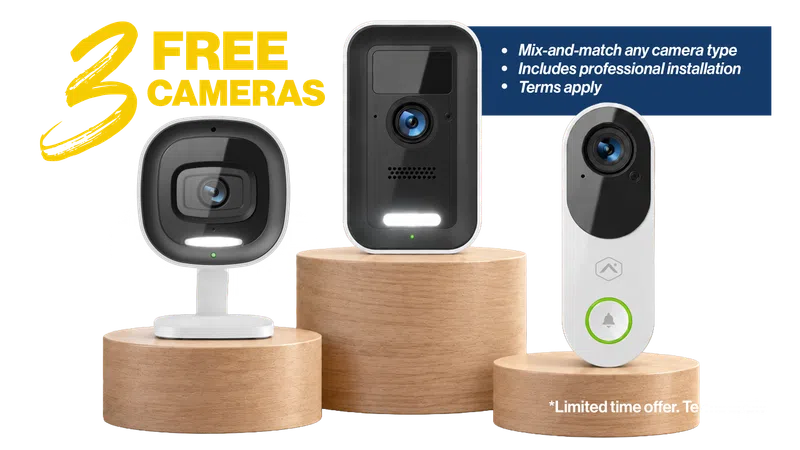 Three free security cameras displayed on wooden pedestals with promotion details for installation and terms.