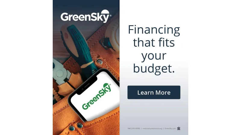 GreenSky financing ad with tools and phone, promoting budget-friendly loan options and learn more button