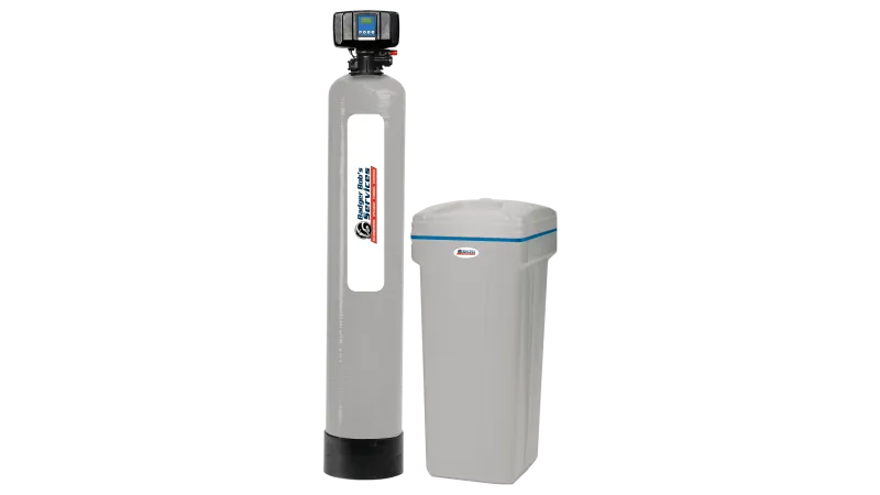 Home water softener system with control valve tank and brine tank for mineral removal.