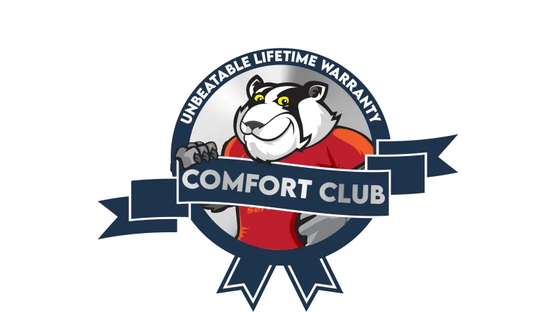 Mascot tiger in red shirt holding a Comfort Club banner with unbeatable lifetime warranty badge background.