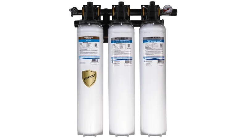 Three-stage water filtration system including Defender pre-filter and Silver Plus HC sediment and chlorine reduction filters.